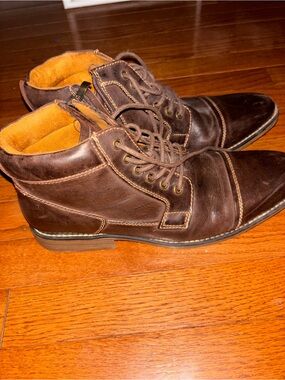Kunsto Men’s Dark Brown Leather Cap Toe Ankle Boots Side Zip Lace-Up Size 9.5